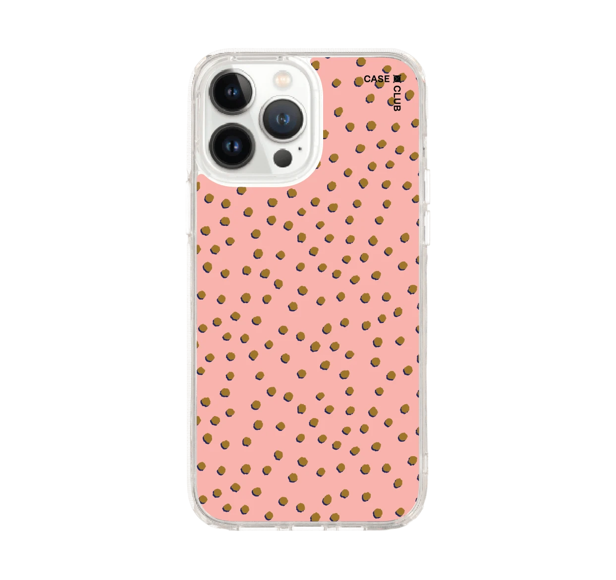 iphone 12/ 13 pro max clear case brown & pink brush polka dots